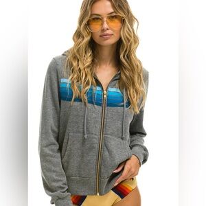 Aviator Nation 5 STRIPE HOODIE - HEATHER GREY // BLUE unisex small